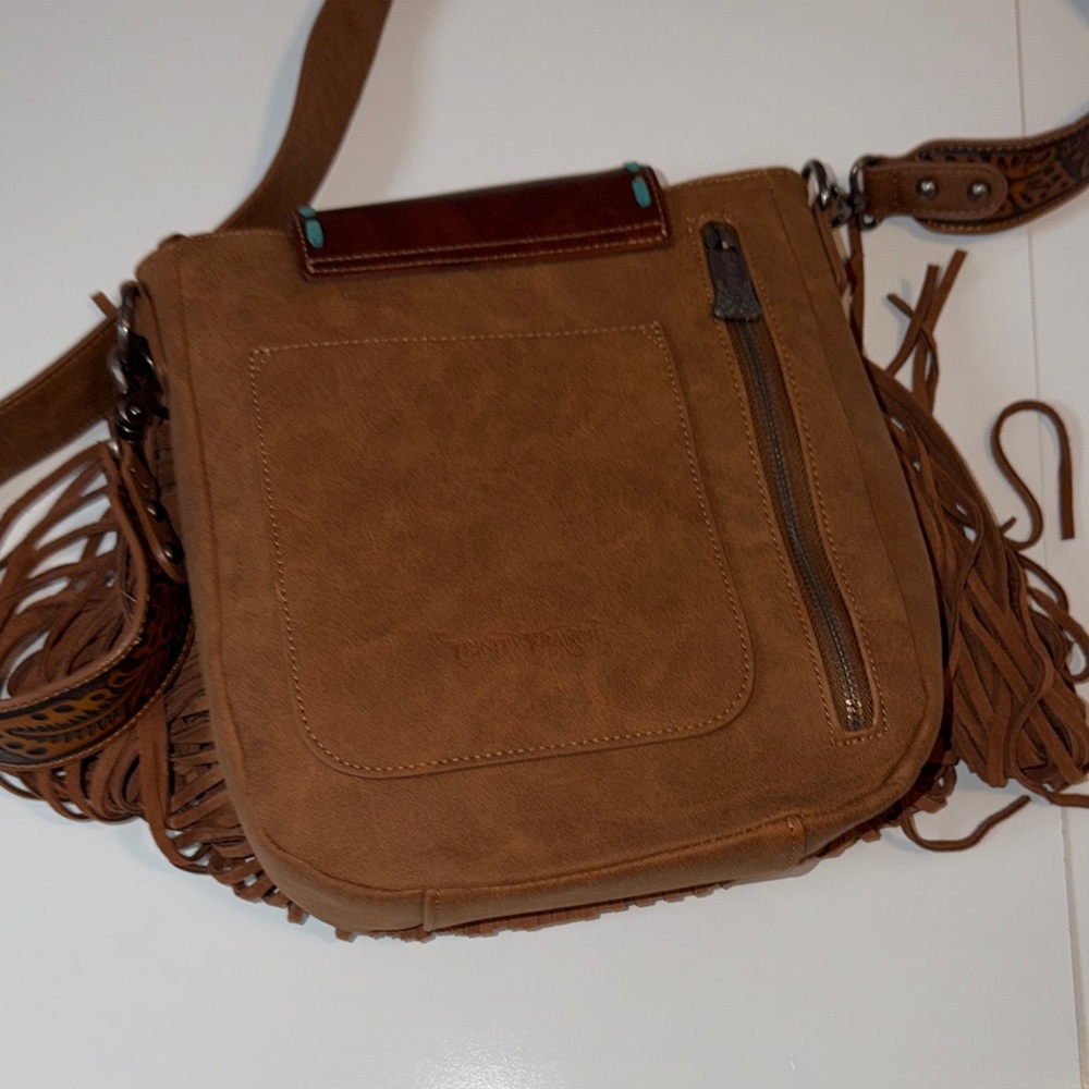 Fringed Brown and Turquoise Crossbody Bag - Picture 3 of 4